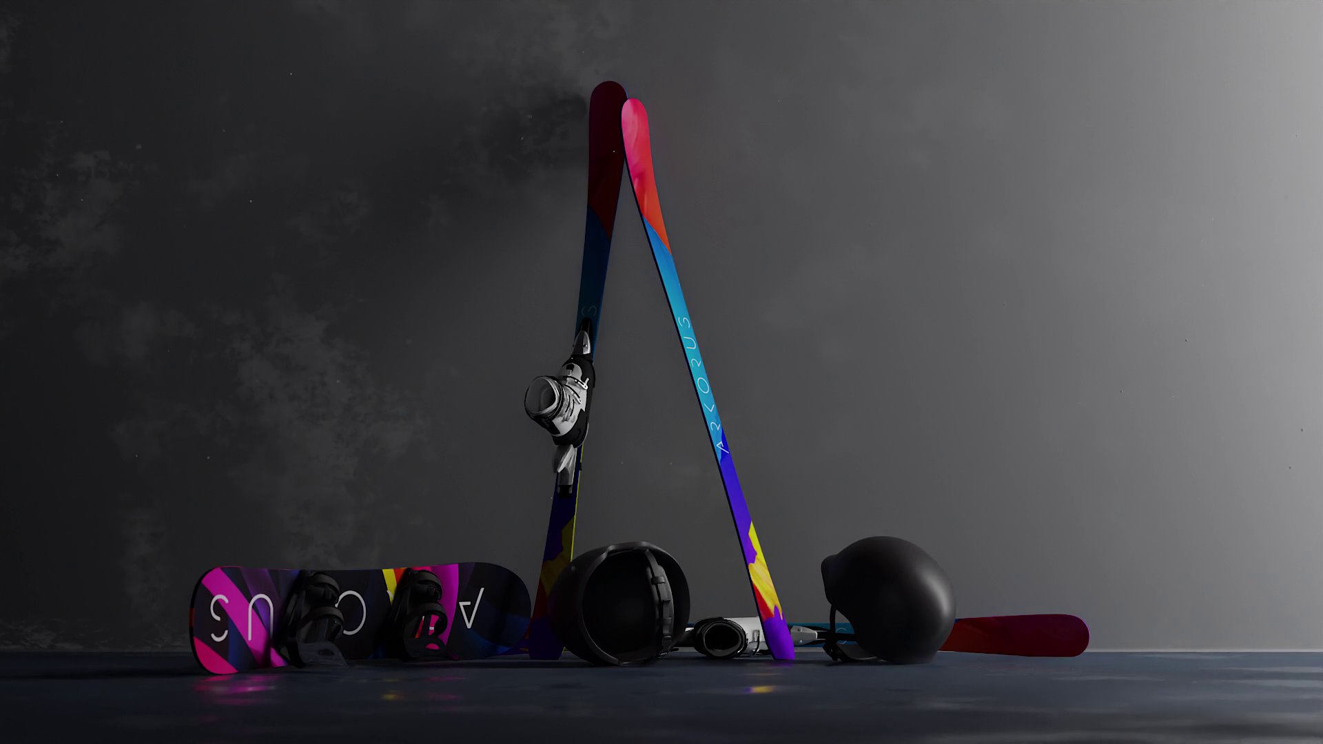 Alpine Equipment Product Film — Eine Product-Motion-Studie, die Ski- und Snowboard-Equipment mit kontrolliertem Licht, Farbe und mechanischer Choreografie als skulpturale Objekte inszeniert.